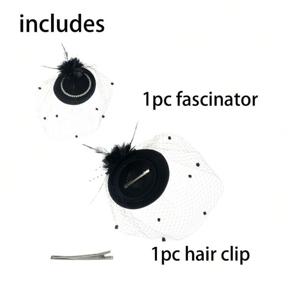 🖤 Pinup Accessory 1950s Retro Vintage Fascinator Black Pillbox Pearl Veil Hat - Picture 7 of 9